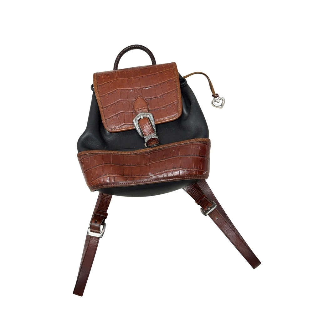 Brighton Black Brown Leather Croc Embossed Backpack Heart Charm